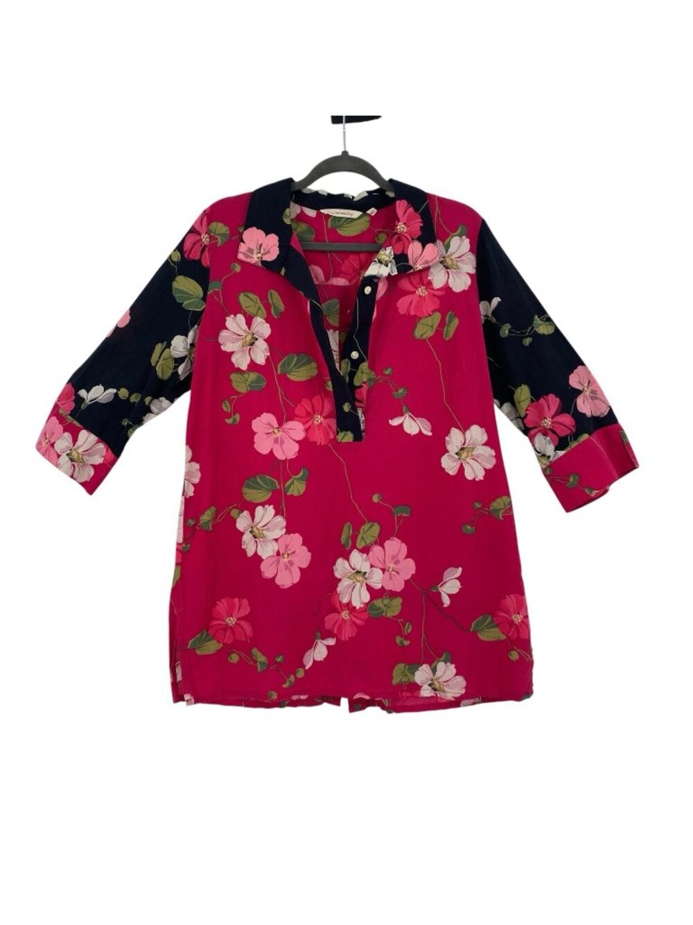 Soft Surroundings Tunic Top Women’s L Pink Black Floral Cotton 3/4 Sleeves Boho